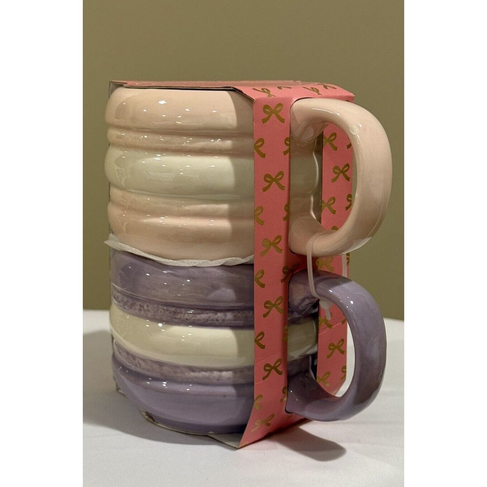PETAL & PEARL Pastel Pink Purple Macaron Set of Two Stackable Mugs Hand Painted‎